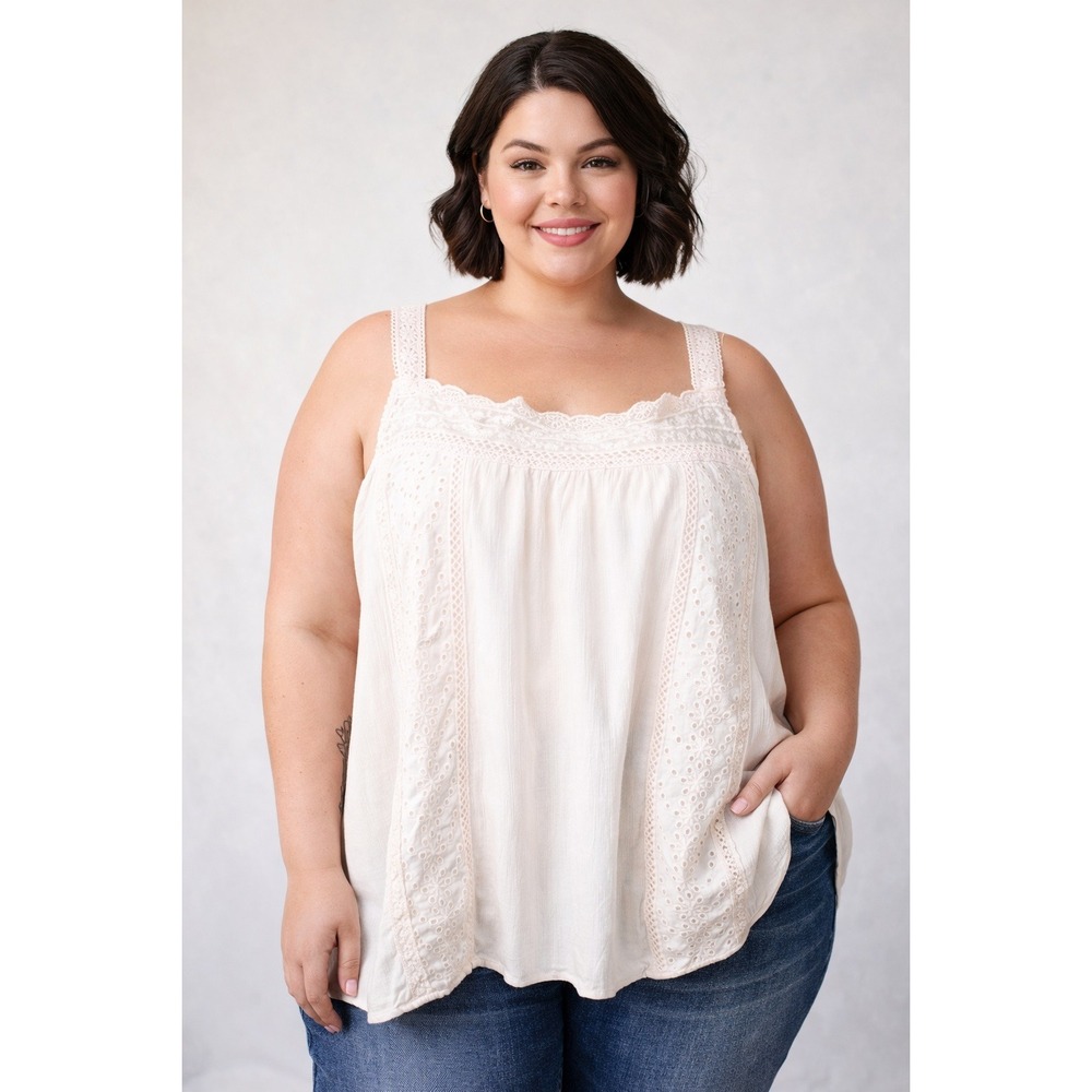 Torrid‎ Babydoll Lace Trim Eyelet Embroidered Cream White Cami Tank Top Plus 3X
